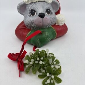 Christmas Santa Mouse Homemade Ceramic Figure Holiday Vtg Big Eyelashes‎ 7"